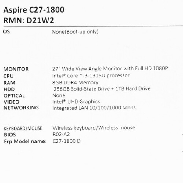 27" Моноблок Acer Aspire C27-1800 [DQ.BKJCD.001]