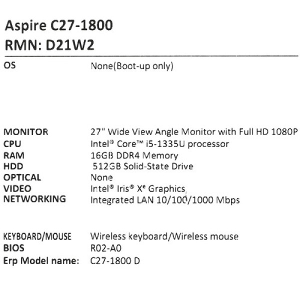27" Моноблок Acer Aspire C27-1800 [DQ.BKKCD.001]