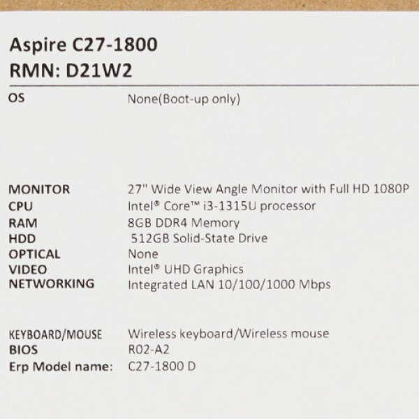 27" Моноблок Acer Aspire C27-1800 [DQ.BKJCD.003]