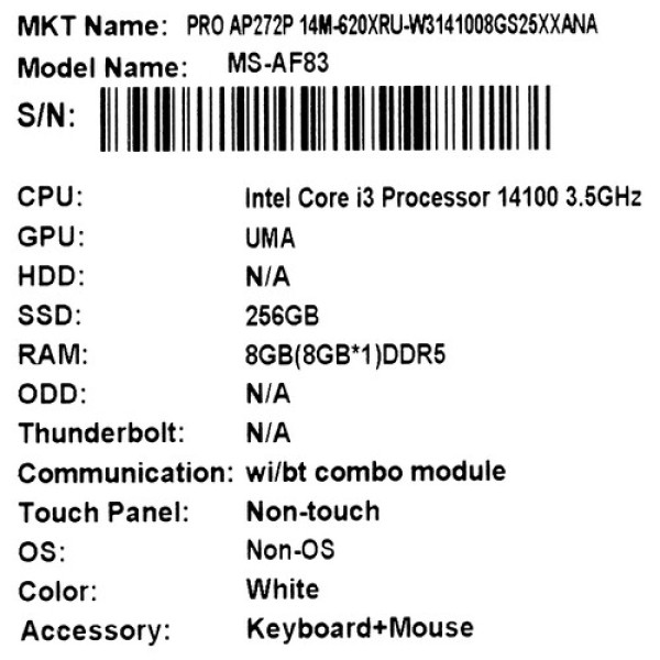 27" Моноблок MSI PRO AP272P 14M-620XRU [9S6-AF8322-827]