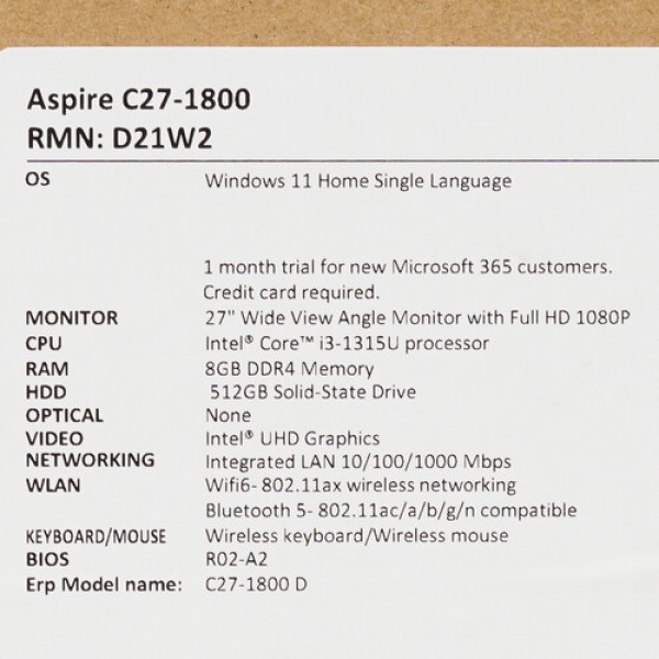 27" Моноблок Acer Aspire C27-1800 [DQ.BKJCD.004]