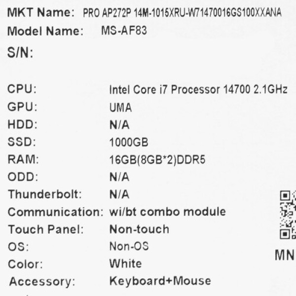 27" Моноблок MSI PRO AP272P 14M-1015XRU [9S6-AF8322-1015]