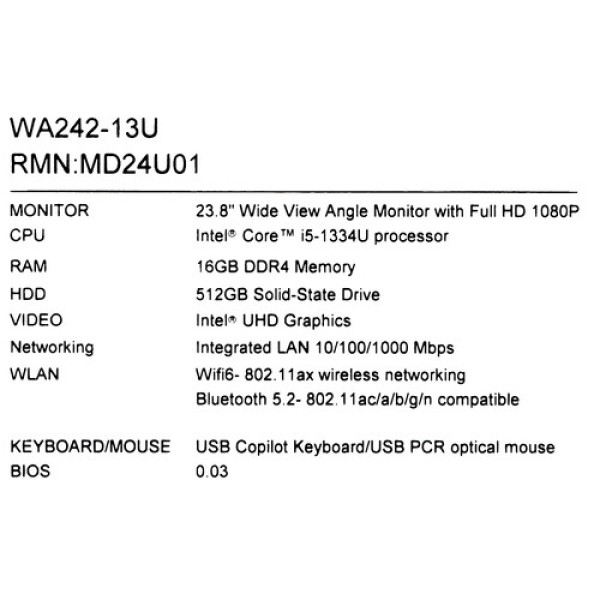 23.8" Моноблок AOPEN WA242-13U [ZD.D01CF.005]