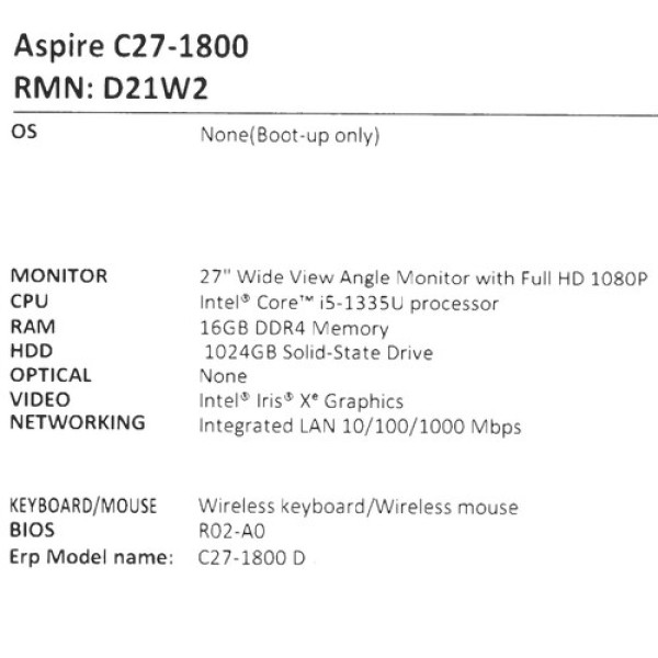 27" Моноблок Acer Aspire C27-1800 [DQ.BKKCD.007]