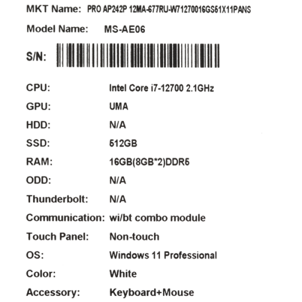 23.8" Моноблок MSI PRO AP242P 12MA-677RU [9S6-AE0622-677]