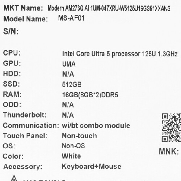 27" Моноблок MSI Modern AM273Q AI 1UM-047XRU [9S6-AF0112-047]