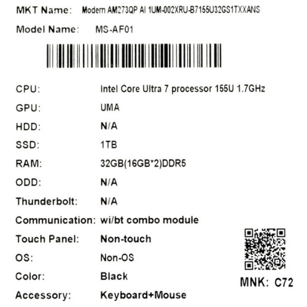 27" Моноблок MSI Modern AM273QP AI 1UM-002XRU [9S6-AF0111-002]