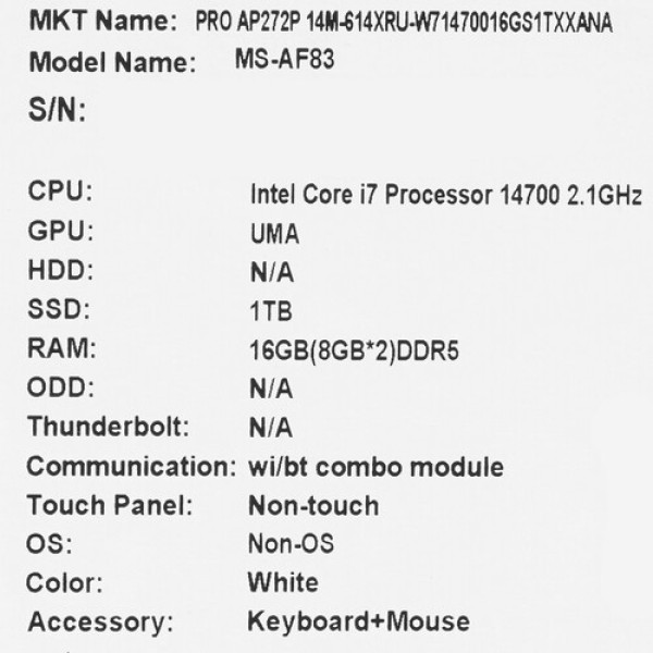 27" Моноблок MSI PRO AP272P 14M-614XRU [9S6-AF8322-817]