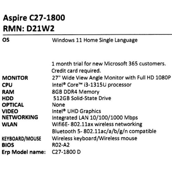 27" Моноблок Acer Aspire C27-1800 [DQ.BKJCD.005]