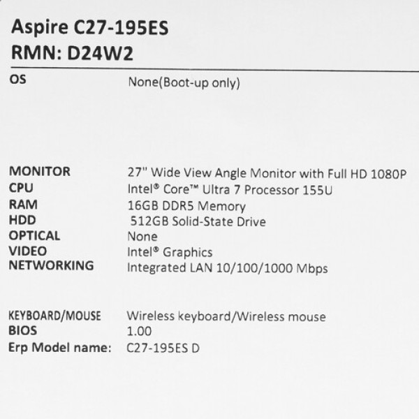 27" Моноблок Acer Aspire C27-195ES [DQ.BMGCD.001]