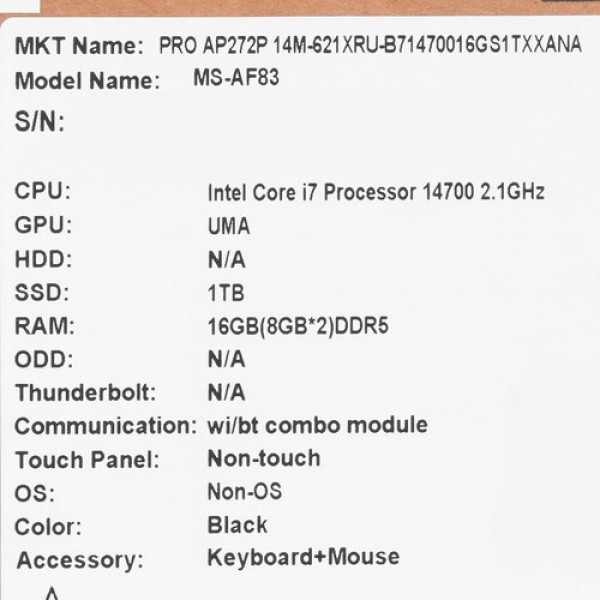 27" Моноблок MSI PRO AP272P 14M-621XRU [9S6-AF8321-699]