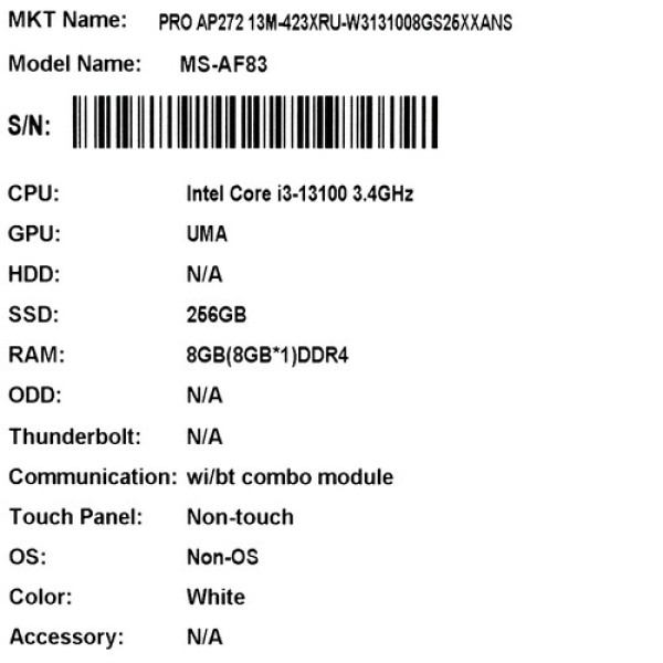 27" Моноблок MSI PRO AP272 13M-423XRU [9S6-AF8312-423]