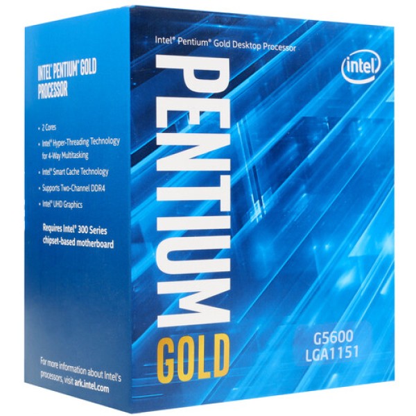 Процессор Intel Pentium Gold G5600 3.9GHz, 2C/4T, 4Mb L3, DDR4-2400, GPU UHD 630, TDP-51W, LGA1151-v2, BOX [BX80684G5600]