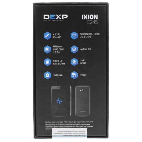 Смартфон DEXP Ixion E245 4.5" 8Gb Blue 4x1.3GHz/512Mb/854x480/IPS/2SIM/Cam2/1600mAh/Android 6.0