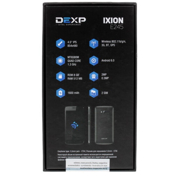 Смартфон DEXP Ixion E245 4.5" 8Gb Violet 4x1.3GHz/512Mb/854x480/IPS/2SIM/Cam2/1600mAh/Android 6.0