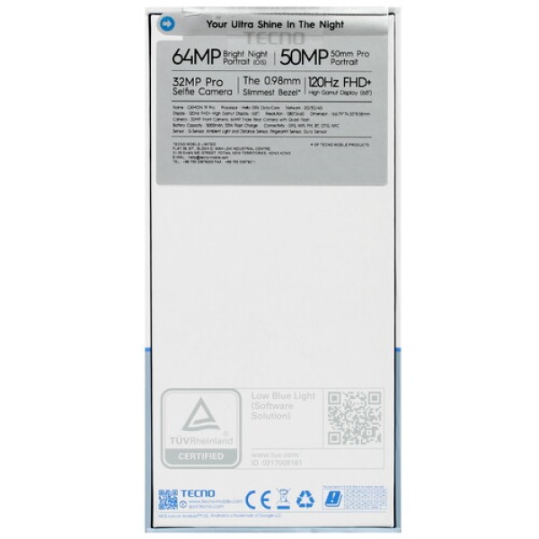 Смартфон Tecno Camon 19 Pro 8/128Gb [6,78"/LTE/NFC/Cam64+50+2Mpx/5000mAh/Polar Blue]