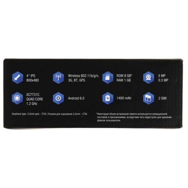 Смартфон DEXP Ixion M240 Strike 3 Pro White [4" 8Gb 4x1.3Ghz/1024Mb/800x480/IPS/2SIM/3G/GPS/Cam5AF/1400mAh/Android 6.0]