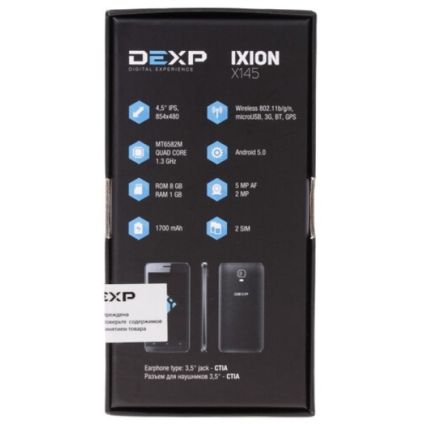 Смартфон DEXP Ixion X145 Nova 4.5" 8Gb White 4x1.3GHz/1Gb/854x480/IPS/2SIM/cam5AF/1700mAh/Android 5.0