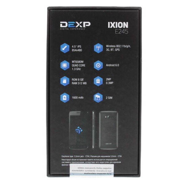 Смартфон DEXP Ixion E245 4.5" 8Gb Black 4x1.3GHz/512Mb/854x480/IPS/2SIM/Cam2/1600mAh/Android 6.0